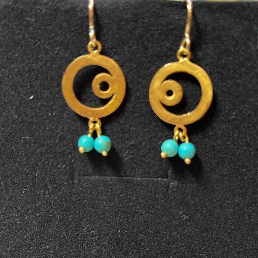 Gold Circle Drop Earrings with Turquoise Beads